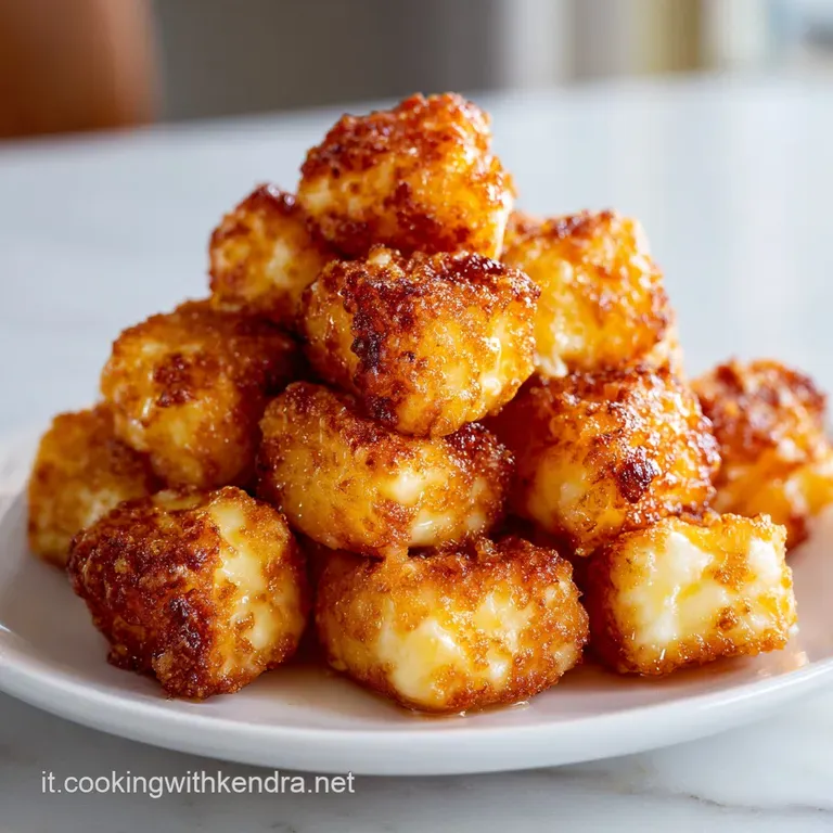 A tower of crispy, golden bocconcini, drizzled with balsamic glaze and garnished with vibrant basil leaves on a white plate.