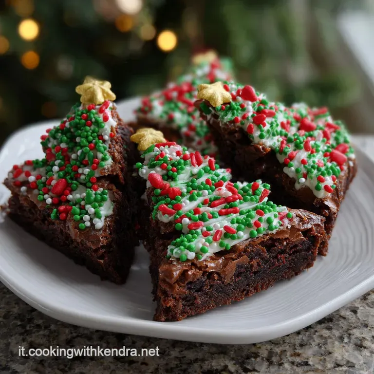 Dark, fudgy brownies artfully arranged in a Christmas tree shape, adorned with vibrant green frosting and festive sprinkles.