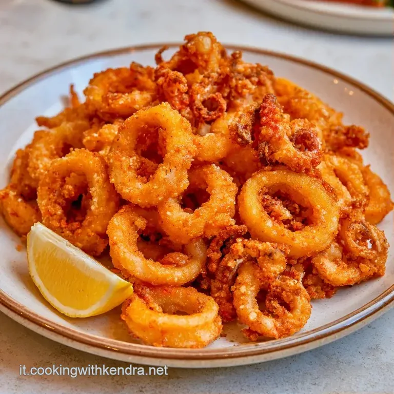 Montagnola di anelli fritti color ambra accanto a una salsa bianca cremosa in una ciotolina su un tavolo di legno chiaro.