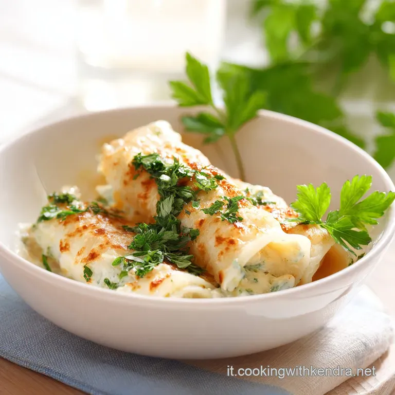 Piatto bianco con cannelloni gratinati disposti con cura, gocce di salsa vellutata e un tocco di erbe aromatiche verdi.