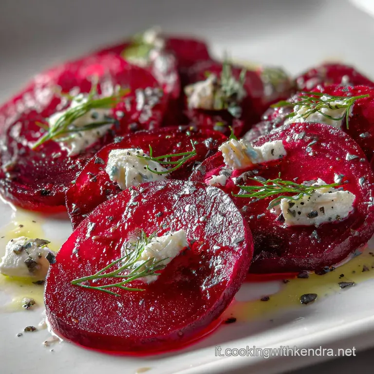 Elegant beet carpaccio: translucent ruby slices artfully arranged, dotted with creamy cheese, and glistening with olive oi...