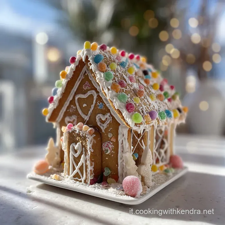 Gingerbread house on a festive plate. Iced details create a warm, inviting scene with snow covered roof.