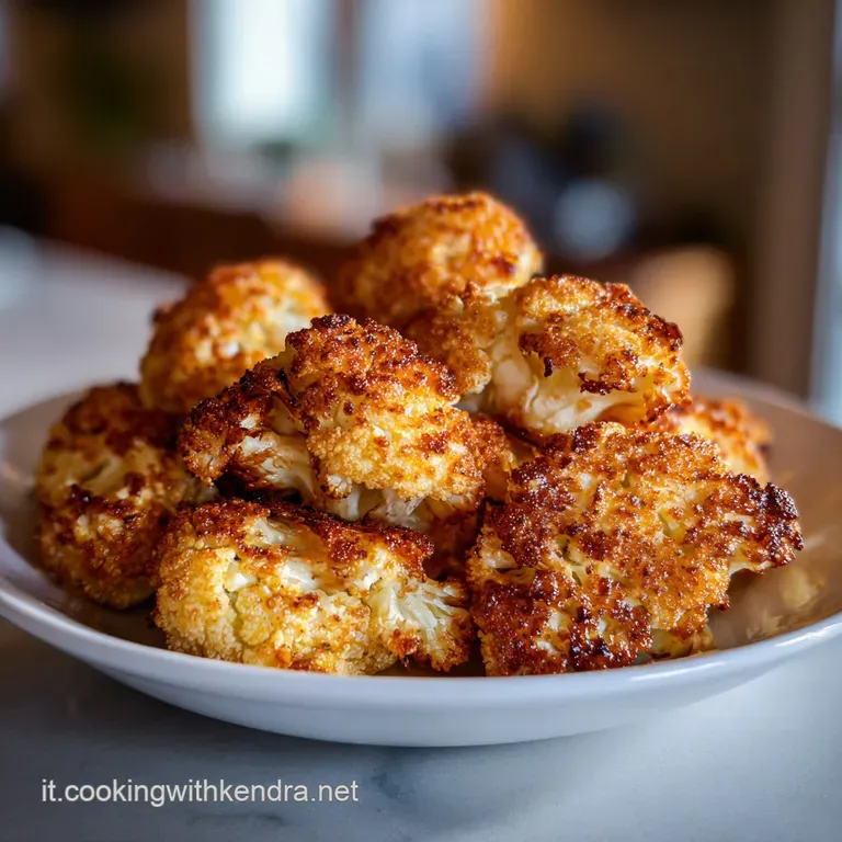 Crisp roasted cauliflower florets piled high on a white plate, sprinkled with herbs, hinting at a savory, slightly caramel...