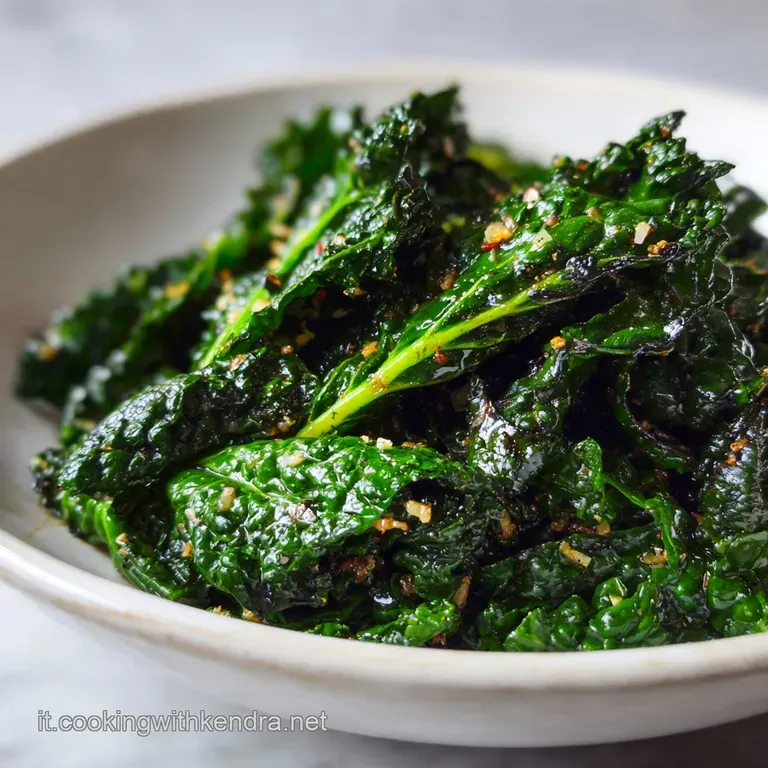 A vibrant serving of wilted, deep green kale with flecks of golden garlic, piled on a white plate.