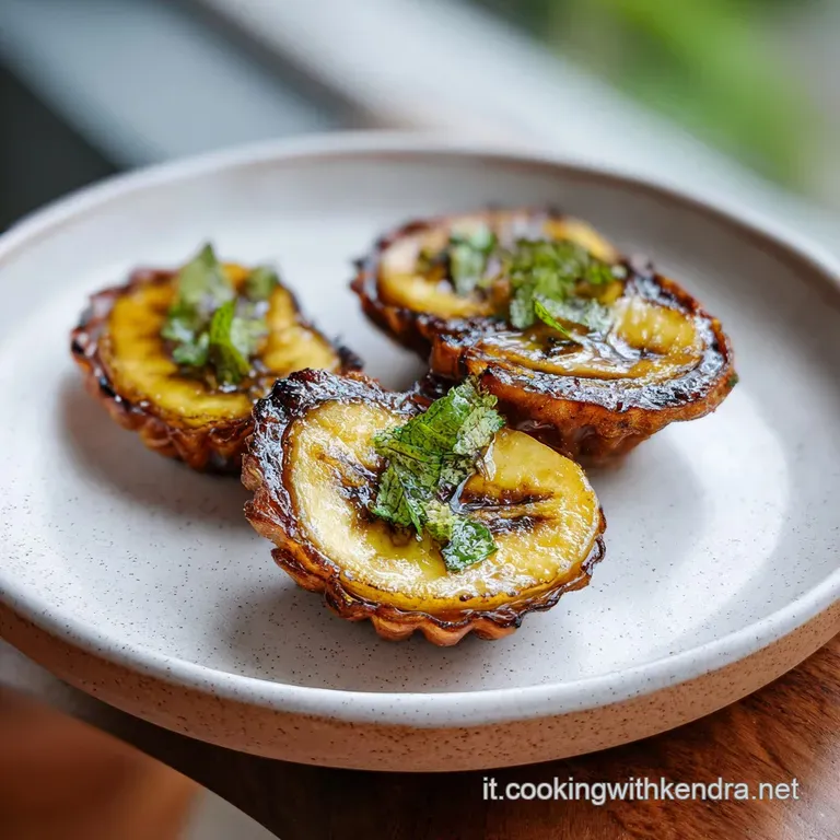 Elegant plate featuring a plantain basket overflowing with plump shrimp, drizzled sauce, and vibrant green parsley sprigs.