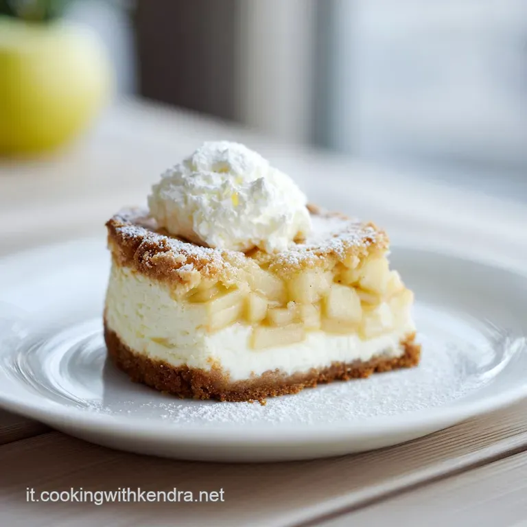 Slice of creamy cheesecake studded with caramelized apples, plated elegantly and dusted with powdered sugar. Autumnal dess...