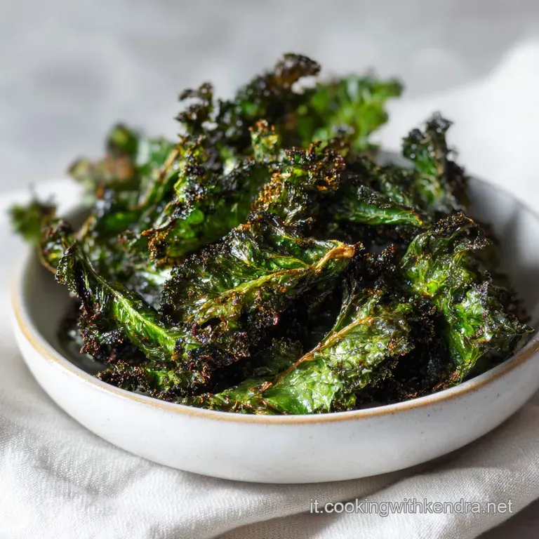 Neatly piled, emerald kale chips served in a small white bowl, the edges catching the light, suggesting a light and airy c...