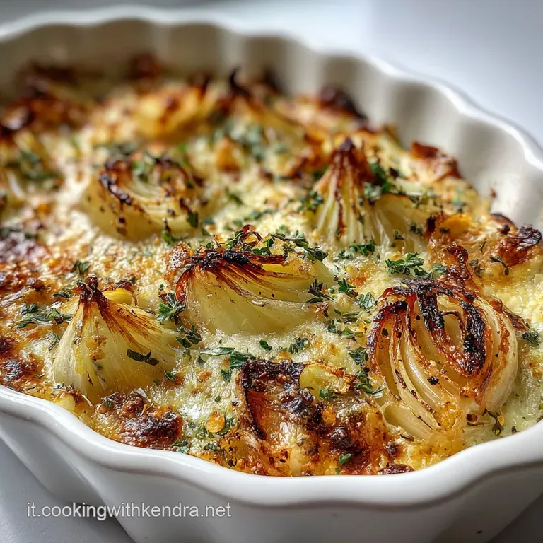 Elegant plate featuring glistening baked red onions with a golden crust, nestled on a bed of fresh greens, hinting at swee...