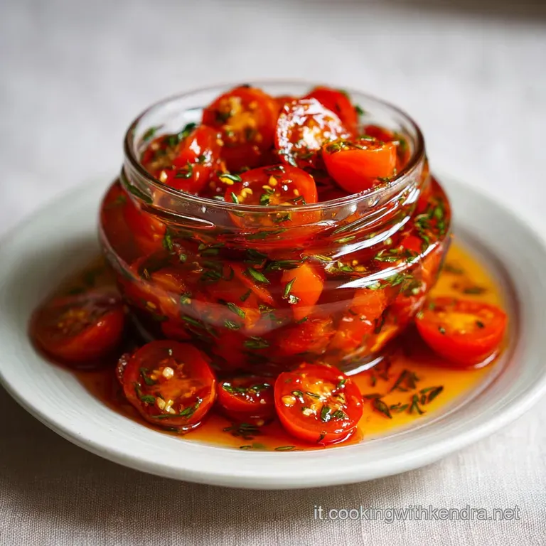 Ruby red tomato sauce drizzled over pasta, glistening with olive oil, topped with fresh basil, served in a white bowl.