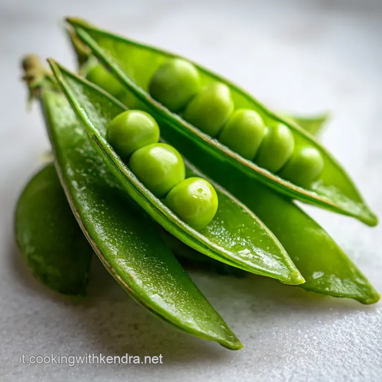 Mound of bright green peas, glistening with olive oil, topped with herbs, served in a shallow white bowl. Simple, elegant,...