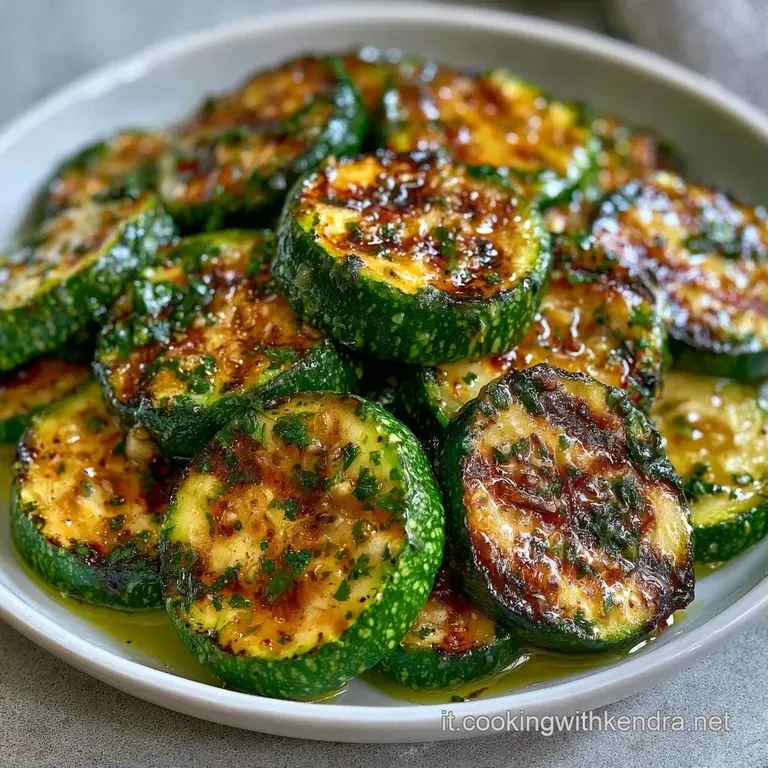 Zucchine grigliate disposte a ventaglio su ceramica bianca, lucide per l'olio con spruzzi di pepe nero e menta fresca.