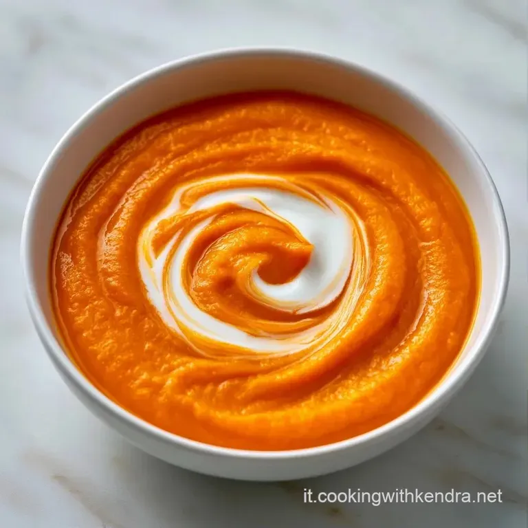 Crema densa e setosa color arancio servita in piatto moderno, guarnita con semi tostati e un filo d'olio dorato lucido.