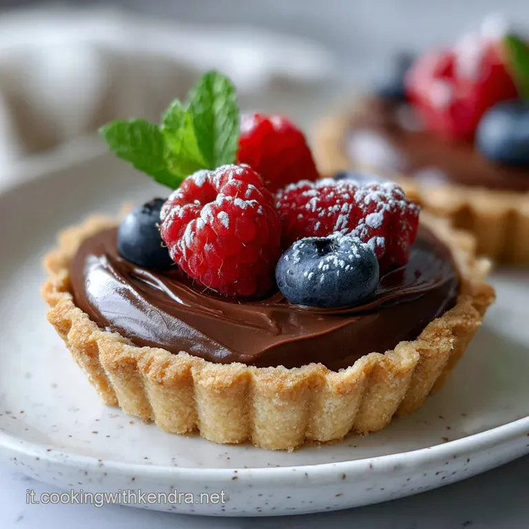 Slice of Nutella crostata on a white plate, dusted with powdered sugar. Rich chocolate filling contrasts with light pastry.