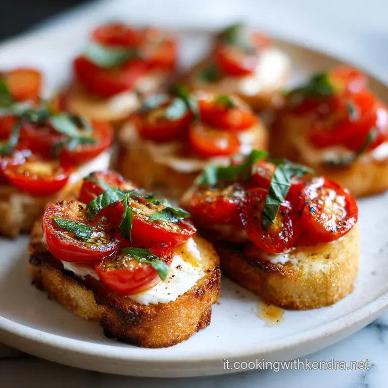 Elegant appetizer plate featuring toasted bread slices piled high with juicy, diced tomatoes and fragrant basil. A burst o...