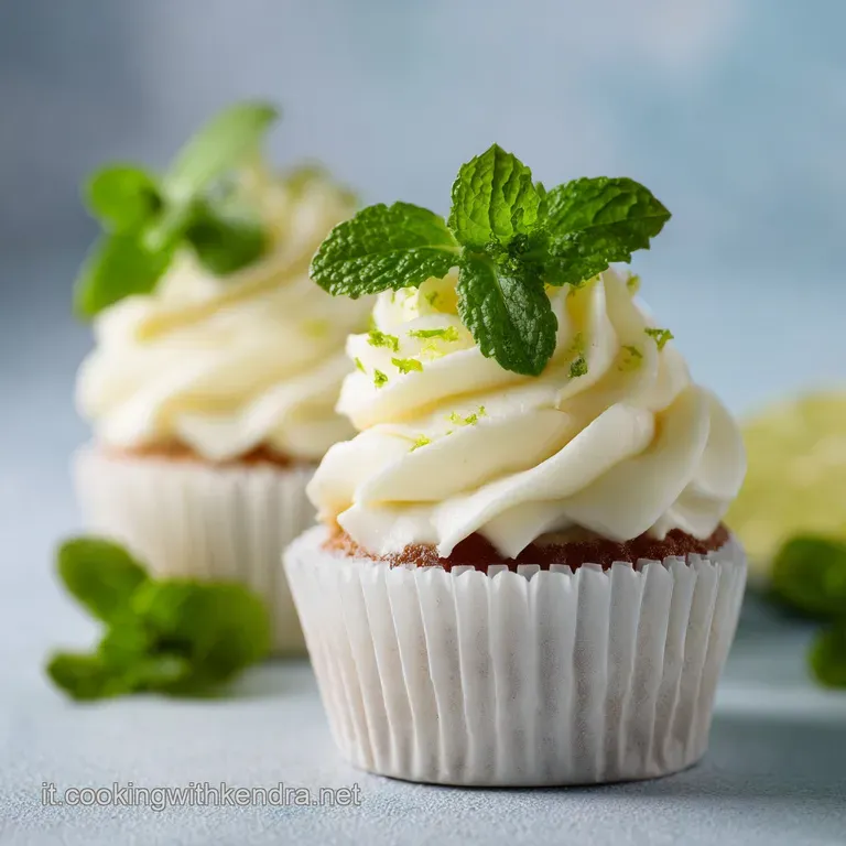 Three mojito cupcakes artfully arranged on a white plate, garnished with fresh mint sprigs.