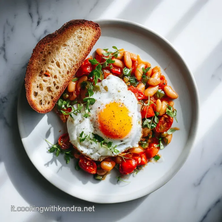 A beautifully arranged plate featuring a swirl of creamy beans, a sunny-side-up egg, and a sprinkle of fresh herbs.