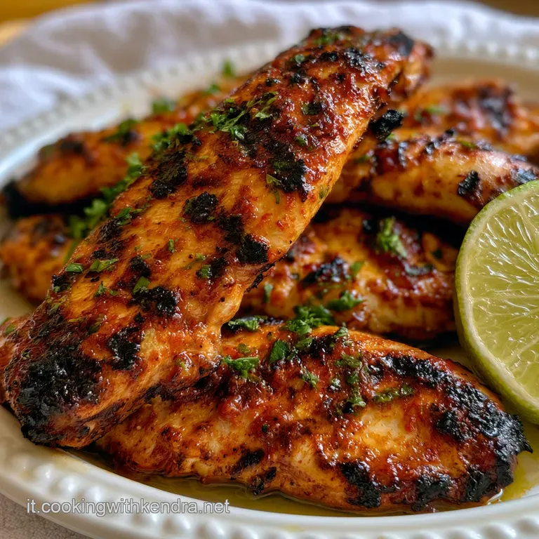 Composizione ordinata di strisce di pollo grigliate e peperoni vivaci, guarnite con coriandolo fresco e spicchi di lime.