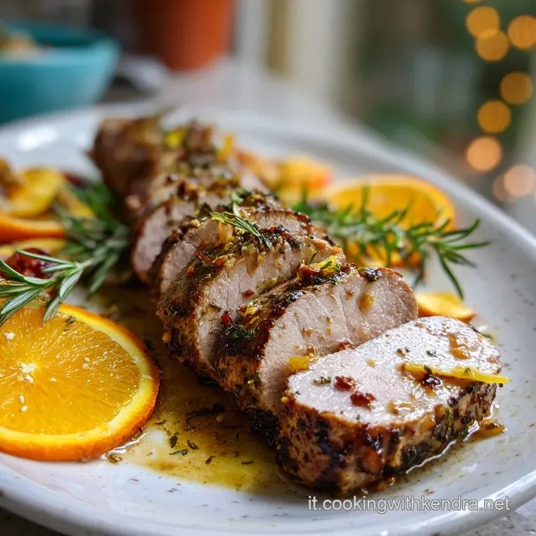 Seared pork medallions, vibrant orange sauce, fresh rosemary sprigs and orange zest garnish a modern white plate. Rustic a...