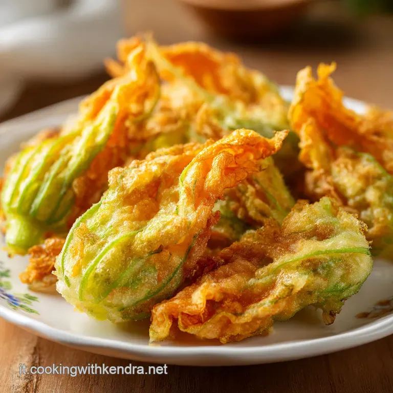 Stuffed zucchini flowers, fried to a delicate crisp, are artfully arranged on a plate with a vibrant green garnish.