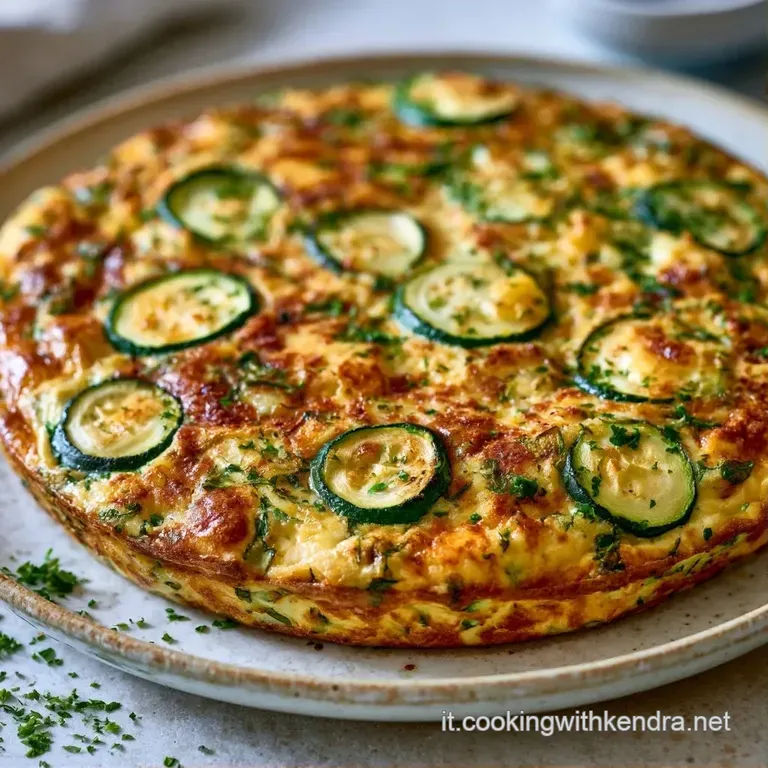 Una fetta triangolare di frittata gialla e zucchine verdi, guarnita con erbe fresche su un piatto di ceramica moderno.