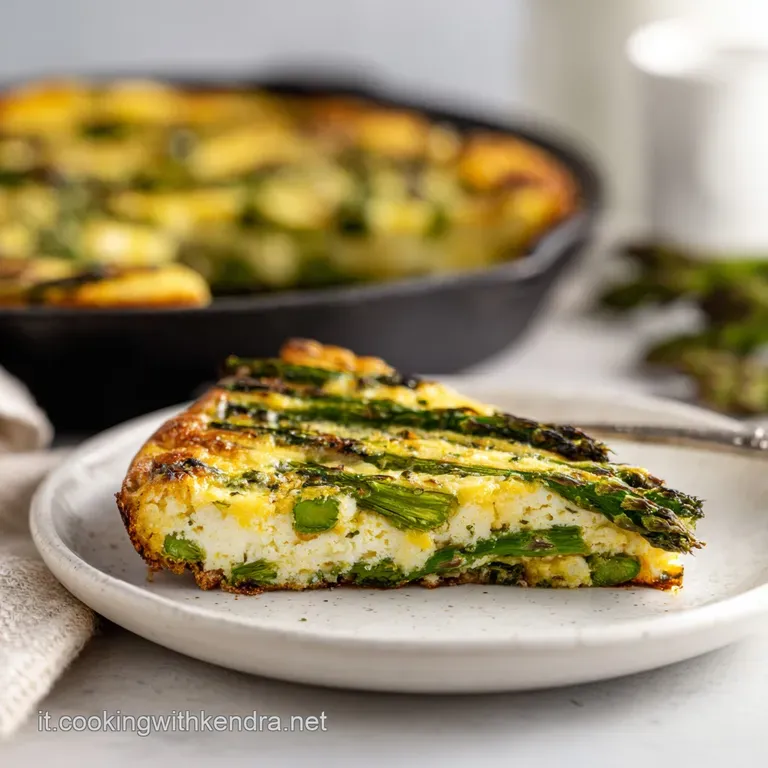 Slice of frittata showcasing the creamy egg custard and tender asparagus. A spring brunch delicacy served on a white plate.