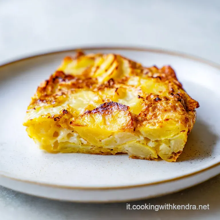 Una fetta spessa di frittata dorata su piatto bianco, con cuore filante di formaggio e bordi croccanti e ben bruniti.