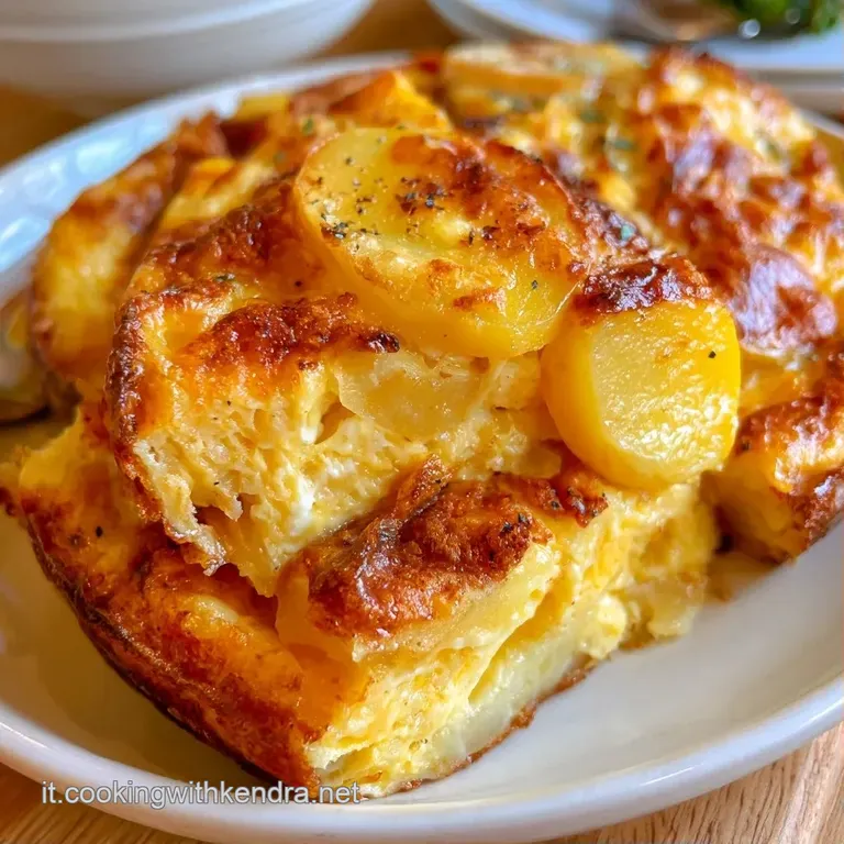 Una fetta triangolare di frittata cremosa su piatto bianco, con bordi croccanti e un rametto di erba cipollina.