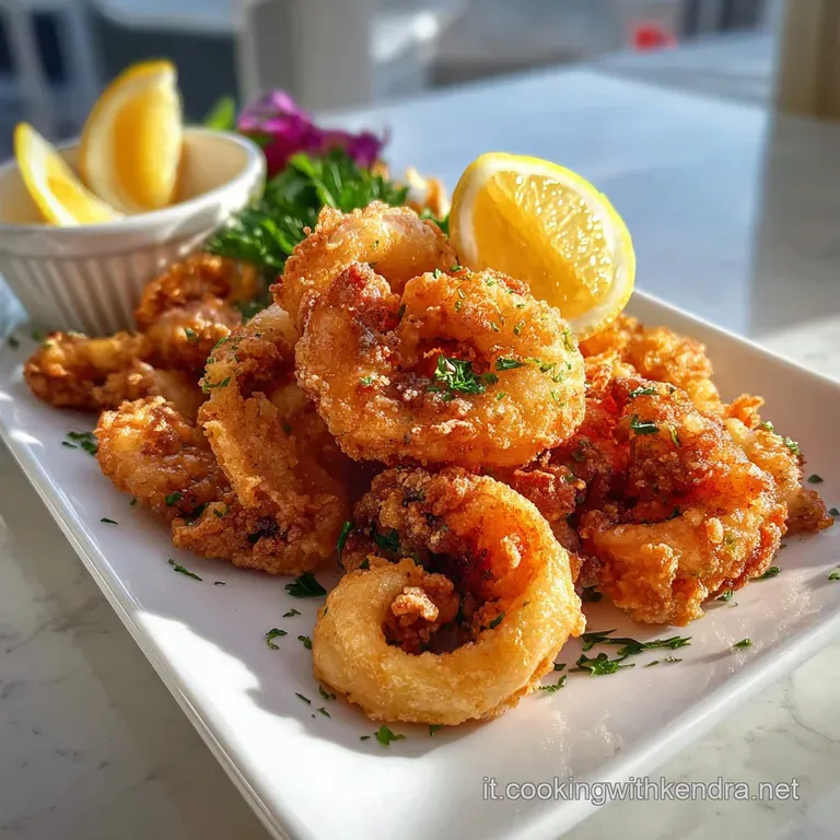 Crispy fried calamari and shrimp artfully arranged on a white plate with lemon wedges, hinting at a light, tangy, deliciou...