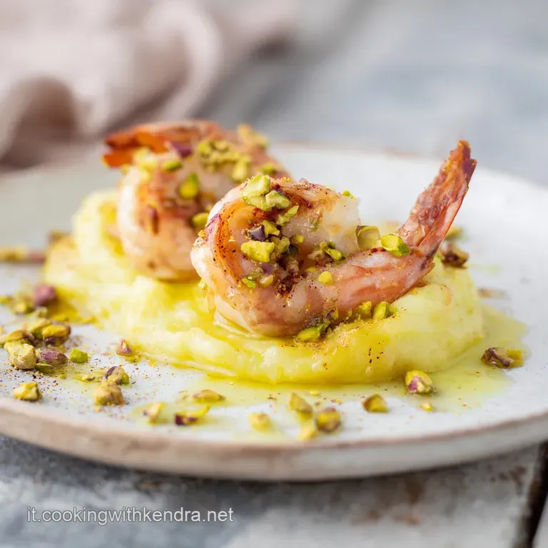 Composizione raffinata di gamberi succosi adagiati su crema di patate, con tocchi di verde e un filo d'olio lucido.