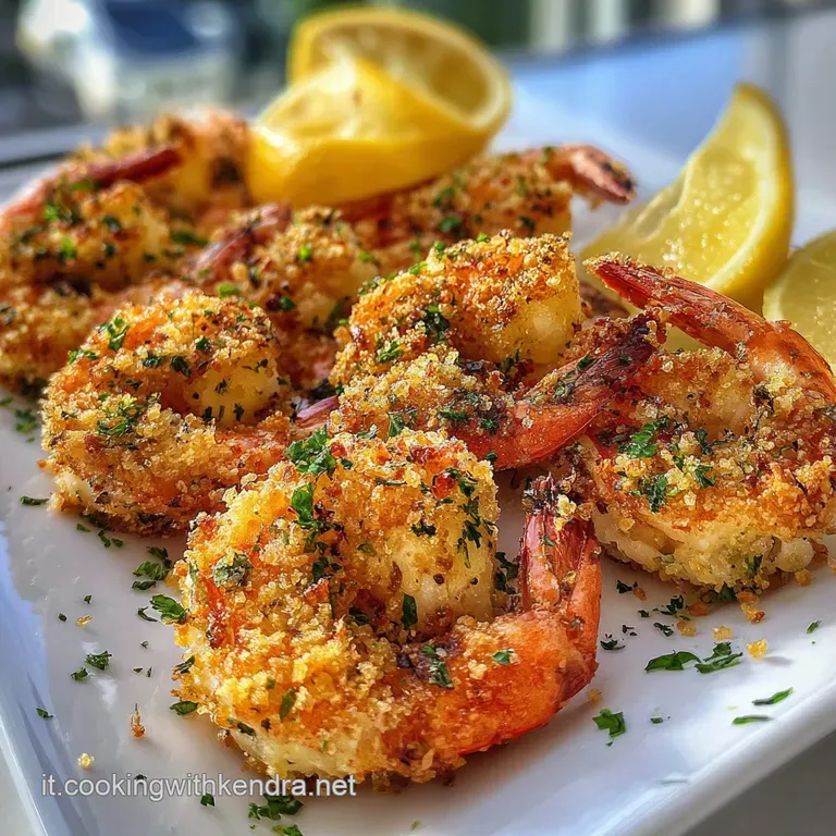 A single, perfectly arranged serving of oven-baked shrimp, bright red and plump, with lemon wedges and fresh parsley sprigs.