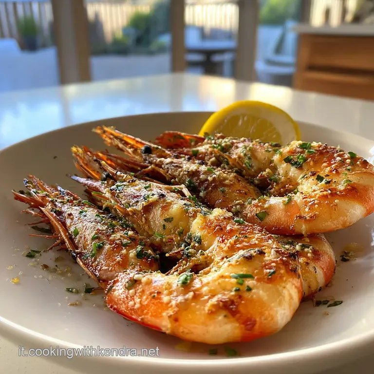 Perfectly arranged roasted shrimp, bright red and plump, beside a lemon wedge and sprig of herbs on a clean white plate.
