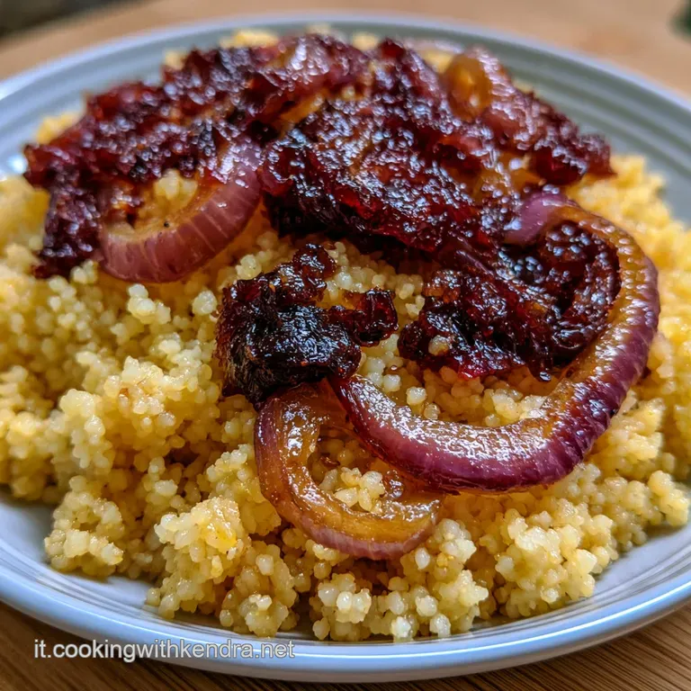Una composizione curata di cous cous sgranato con cipolle caramellate, servito in una ciotola bianca su sfondo neutro.
