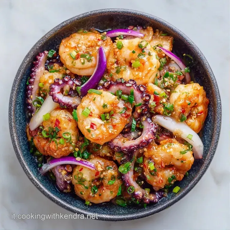 Composizione curata di frutti di mare lucidi disposti a raggiera in un piatto bianco con tocchi di verde brillante.