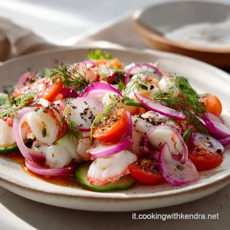 Elegant seafood salad presentation. Delicate tendrils of calamari curl around plump shrimp, all drizzled with bright, herb...