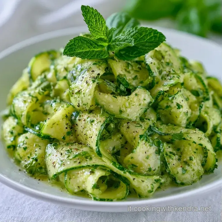 Fettine di zucchine verde brillante disposte a spirale, guarnite con granella di noci e gocce d'olio dorato in un piatto.