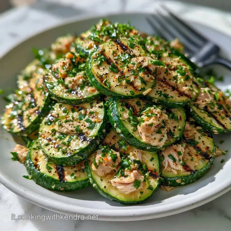 Composizione curata di zucchine a fette con segni di brace, tonno sminuzzato e foglie di prezzemolo su piatto bianco.