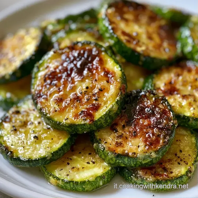 Fette di zucchine grigliate sovrapposte con eleganza, decorate con foglioline di menta fresca e grani di pepe nero.