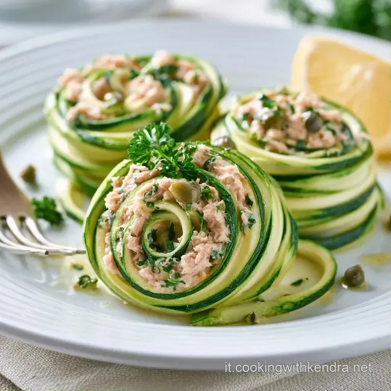 Rotolini verdi disposti su ceramica bianca, contrasto tra la crema di pesce rosata e gocce d'olio dorato lucido.