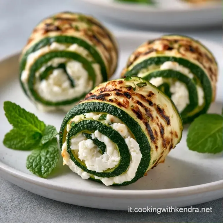Eleganti rotolini di zucchine verdi e crema bianca disposti a raggiera, lucidi per un filo d'olio e mentine fresche.