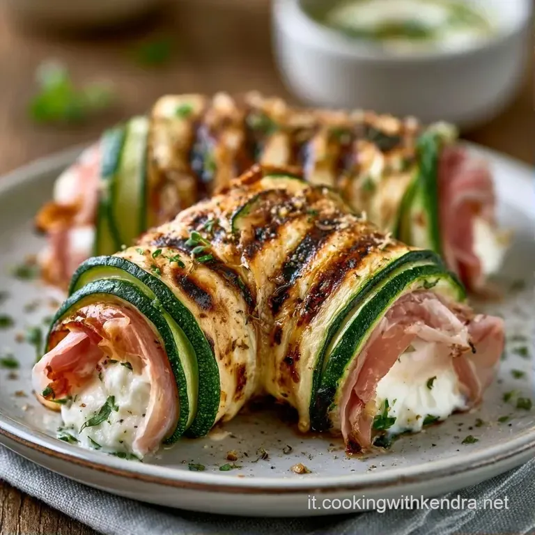 Involtini di zucchina disposti con cura, guarniti con foglioline di menta fresca e un filo d'olio dorato e lucente.