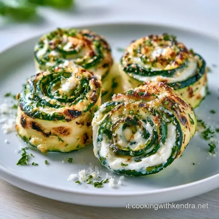 Rotolini di verdura grigliata disposti con cura, contrasto tra il verde brillante e il bianco candido della farcitura.