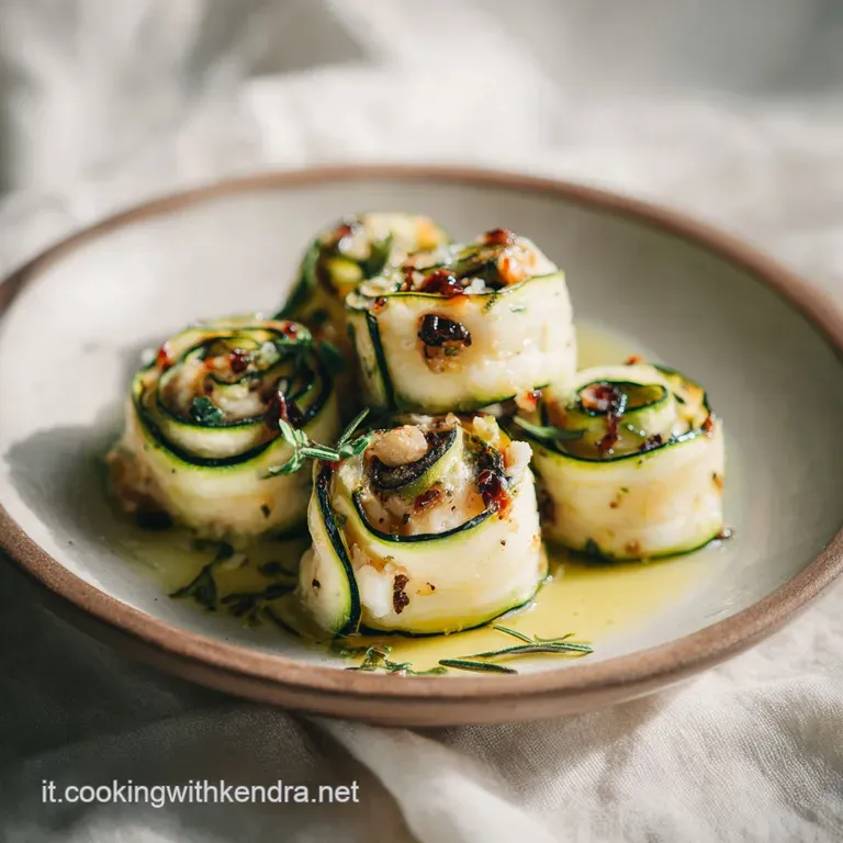 Bright green zucchini rolls artfully arranged on a white plate, drizzled with a vibrant sauce and fresh herbs.
