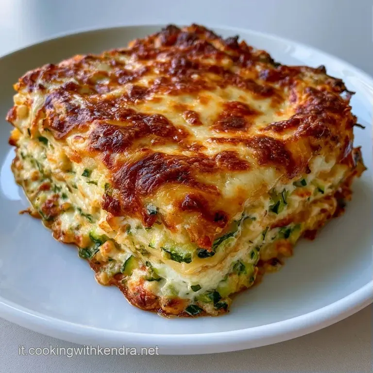 Fettone di pasta stratificata su piatto bianco, guarnito con basilico fresco e salse cremose che colano ai lati.