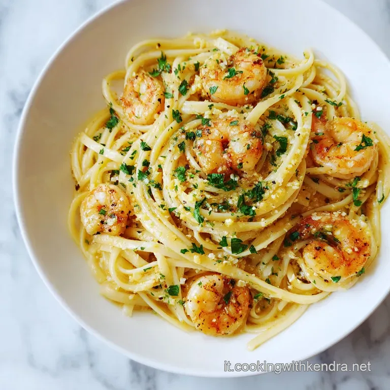 Elegant plate of linguine with shrimp, artfully arranged with a sprinkle of fresh parsley and a drizzle of golden olive oil.