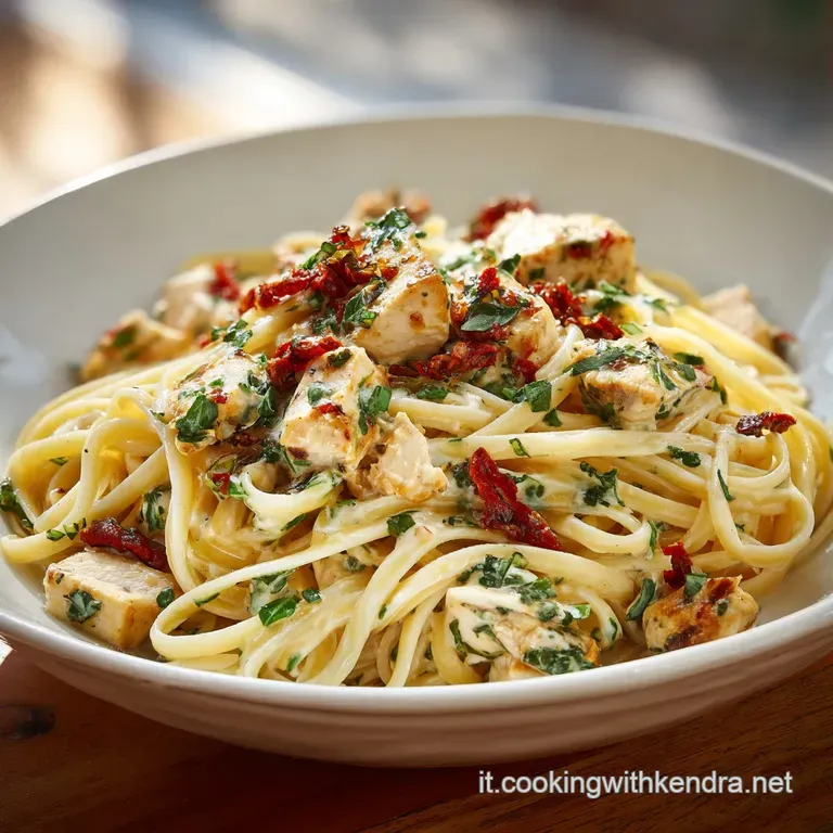 Plated linguine with chicken: ribbons of pasta in rich, creamy sauce with tender chicken pieces, garnished with vibrant pa...