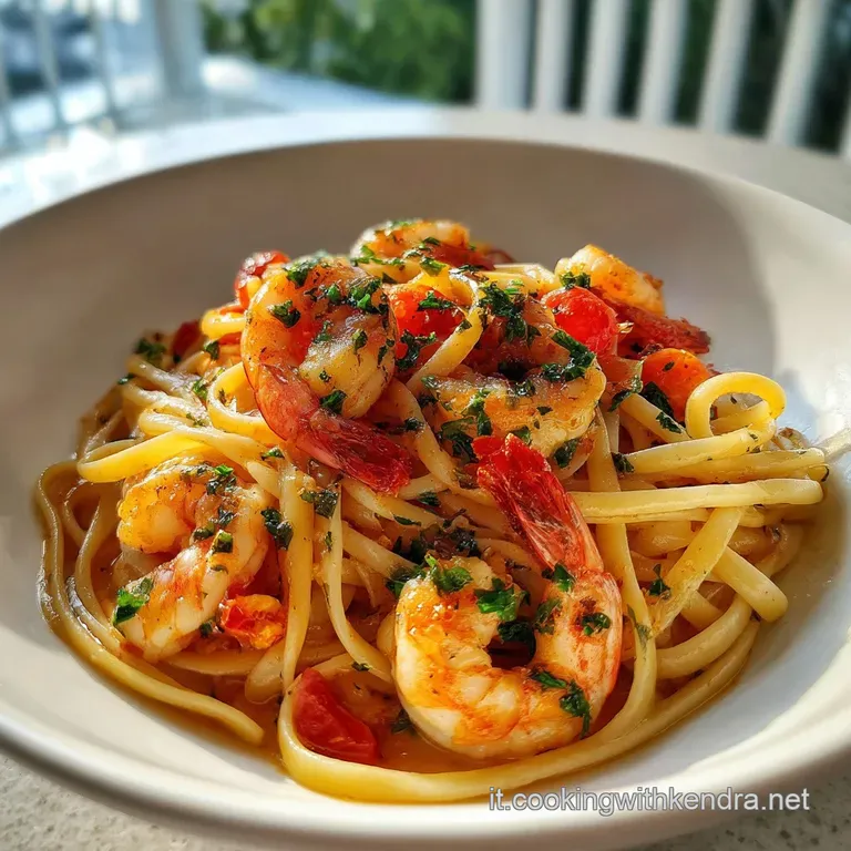 Perfectly twirled linguine nests on a white plate, plump shrimp artfully arranged, glistening oil, fresh herbs, appealing.