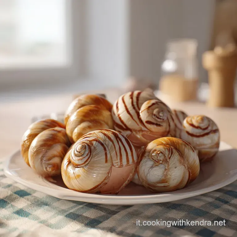 A beautifully arranged plate of lumachine pasta, showcasing the glossy sauce and delicate seafood, with a sprinkle of herbs.