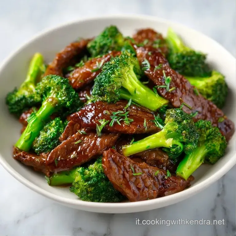 Morbidi pezzi di carne bruna e cime di broccoli croccanti disposti con cura, lucidati da una salsa ambrata e densa.