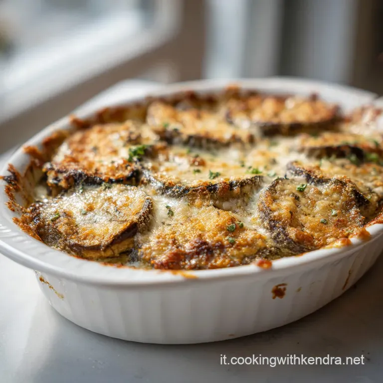 A vibrant serving of baked eggplant, showcasing the caramelized edges and layers of rich tomato sauce, topped with fresh b...