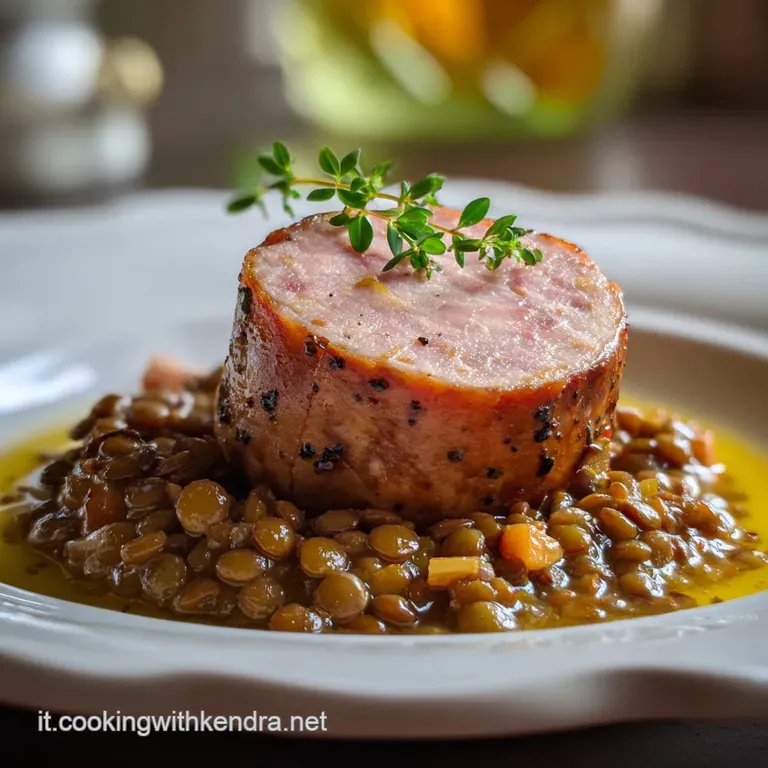Elegant plate of lentils and cotechino. Deep brown lentils next to glistening sausage slices. Garnished with fresh parsley...